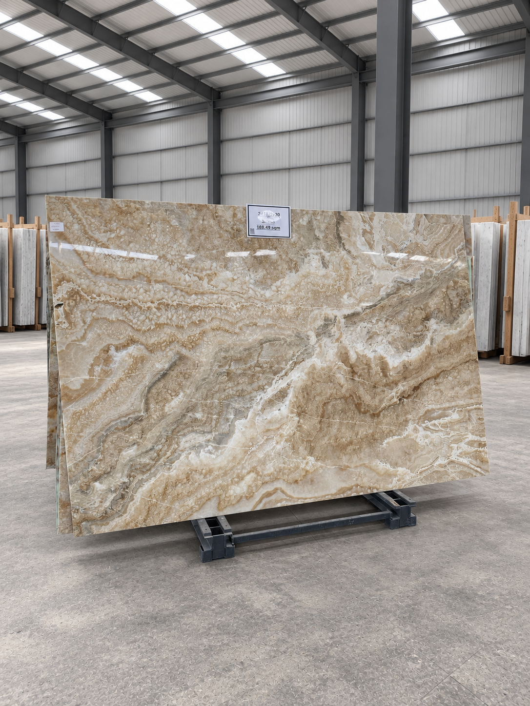 Gold Onyx full slab — warehouse background visualization