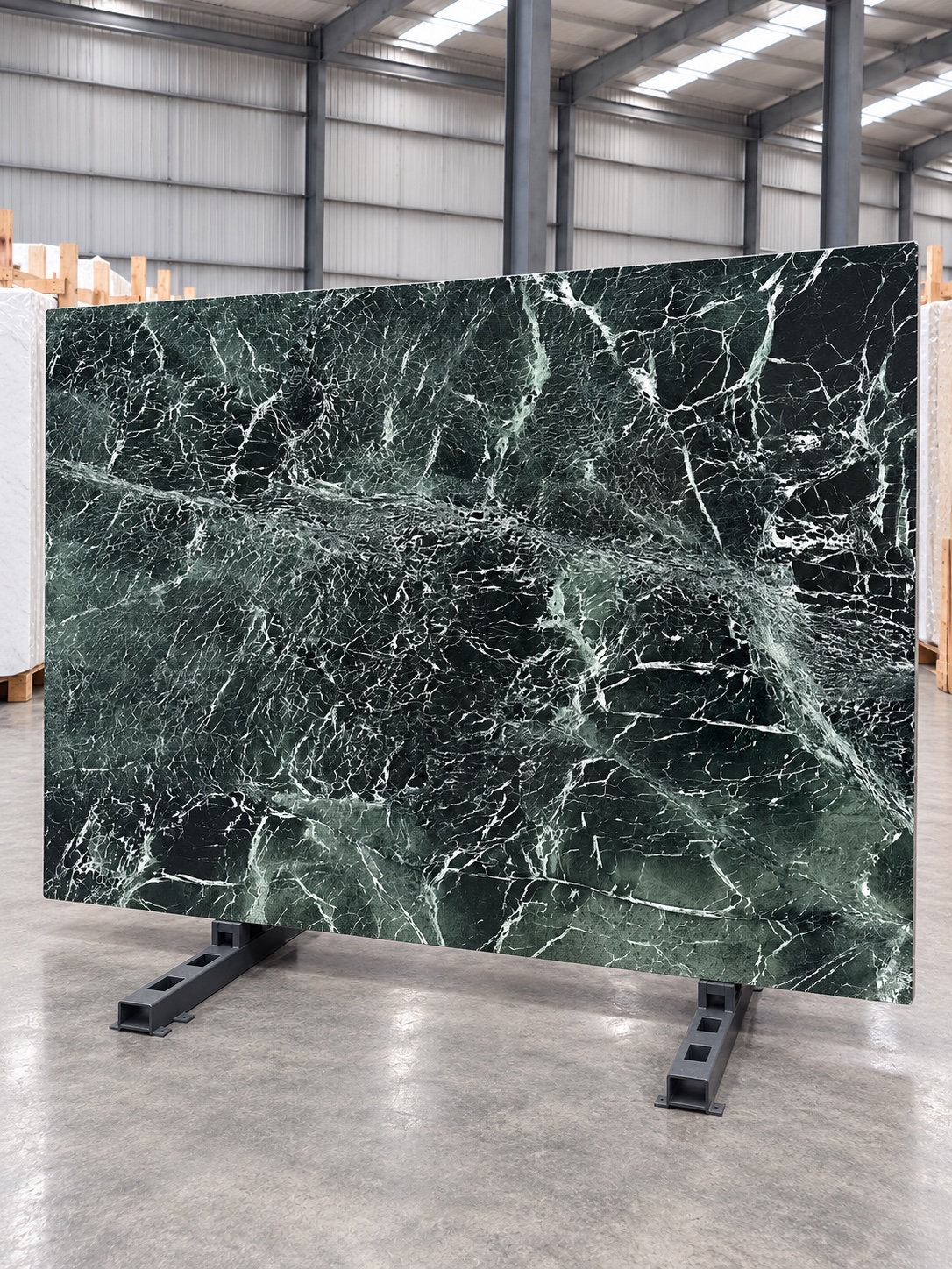 Petrol Verde petrol-green marble slab with white veins in the Marmaras warehouse presentation