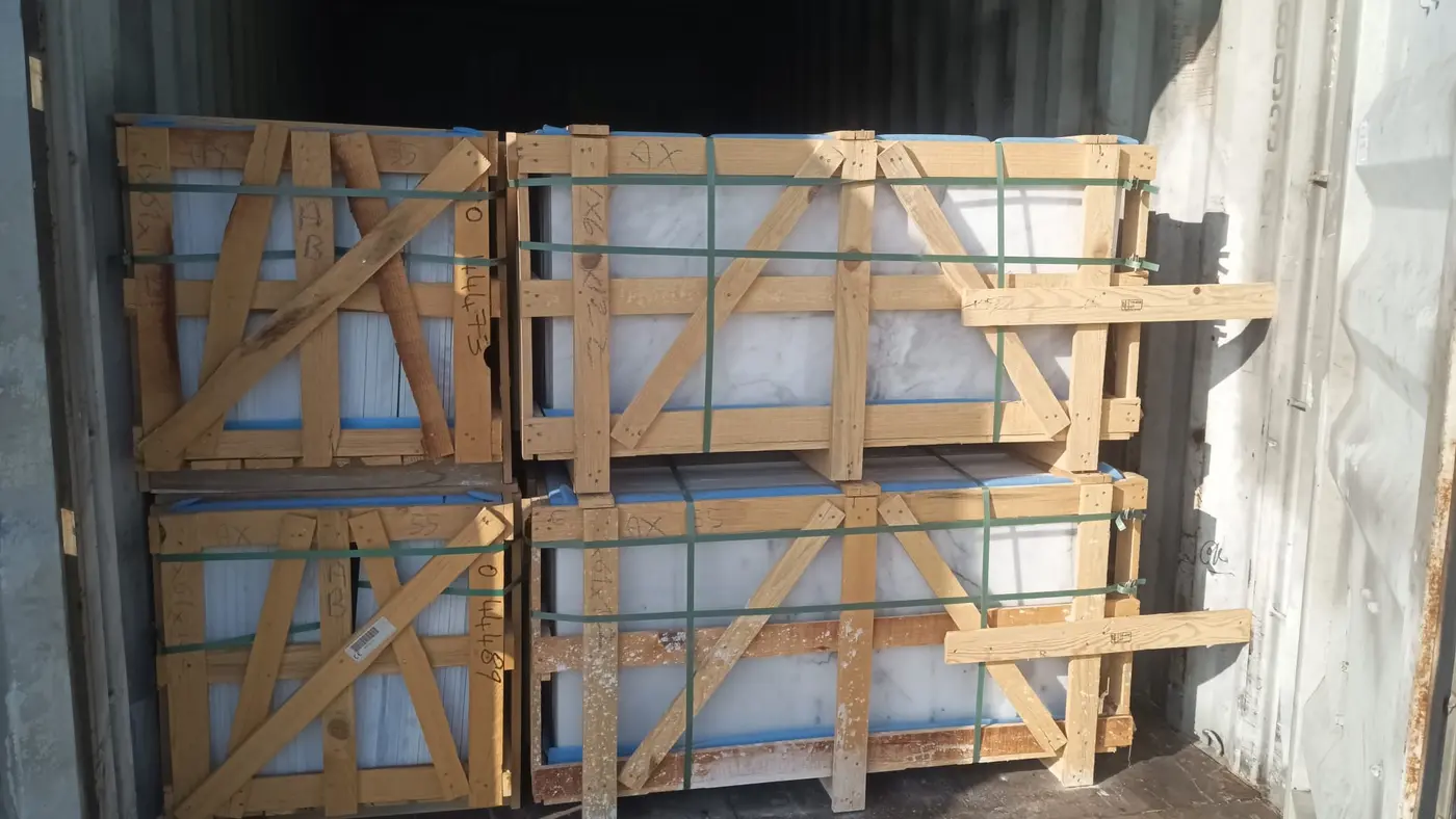Wooden natural stone crates secured for export